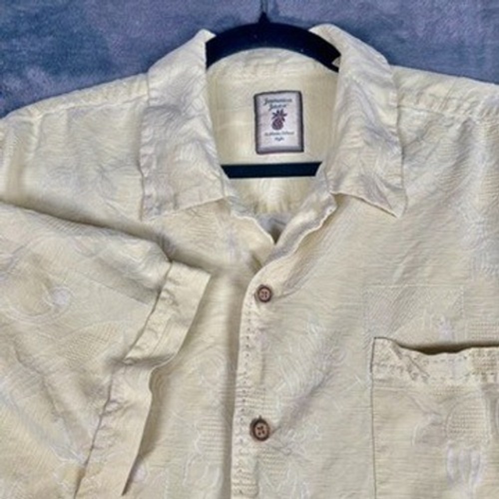 Jamaica Jaxx XXL Yellow Silk Button Down Shirt Short Sleeve Jacquard Impression‎